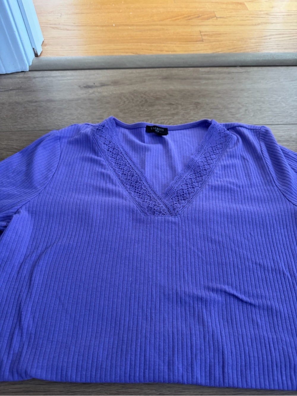 Talbots Petite Lavender Ribbed V-Neck Lace Trim Top - Picture 2 of 3